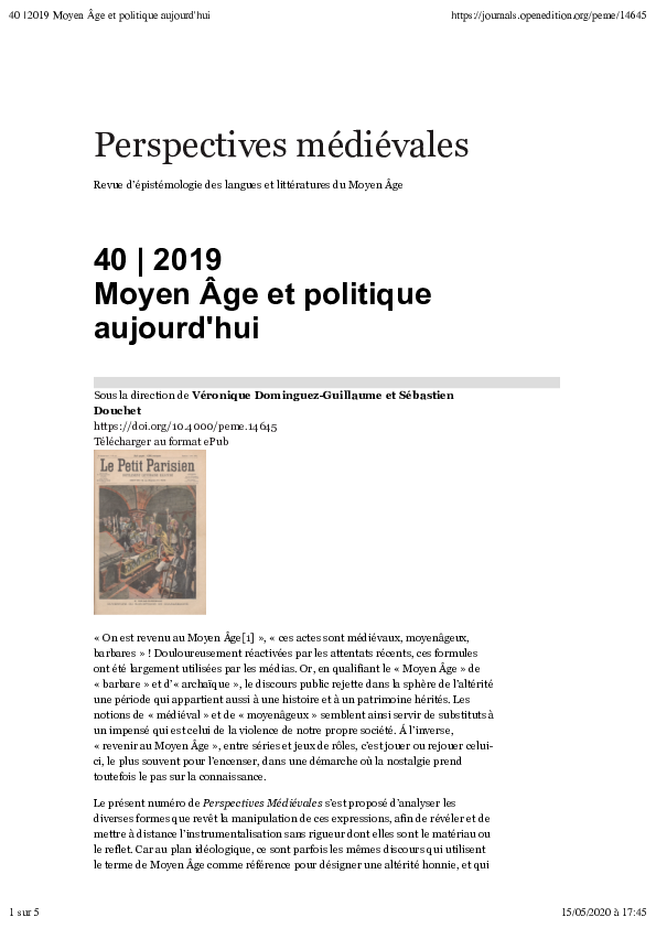 Perspectives Medievales-revue D'epistemologie Des Langues Et Litteratures Du Moy